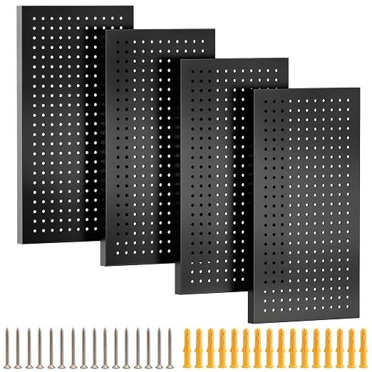 Metal Pegboard Panels 4 Pack, 24" x 12" | Heavy Duty Rust-Proof Wall Board Panels, Sturdy Steel Storage Pegboard for Garage, Workshop & Craft Room Organizer, Black