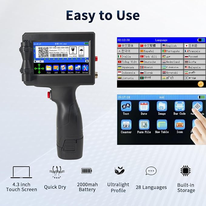 KAKAONE Handheld Inkjet Printer, 0.5" Nozzle Portable Coding Machine for QR Code Barcode Date Logo Batch Number on Metal Plastic Wood Glass Fabric Paper