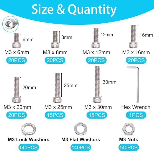 550PCS M3 Screw Kit, M3 x 6/8/12/16/20/25/30mm Hex Socket Head Cap Screws Bolts Nuts Washers Assortment Kit, 304 Stainless Steel Metric Bolts with Hex Wrench