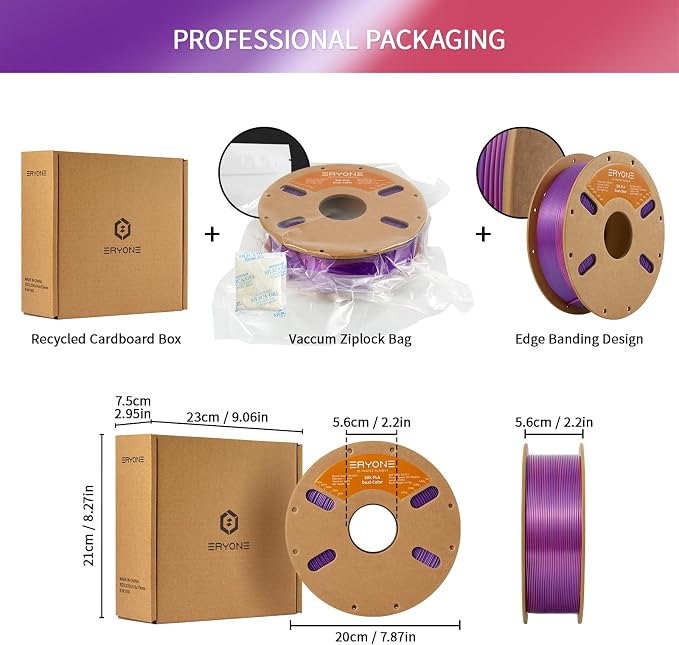 ERYONE Silk Dual Color PLA Filament 3D Printer 1.75mm +/- 0.03mm, Bicolor Filament Two Tone PLA 1KG(2.2lbs) Cardboard Spool, Orange Red&Purple
