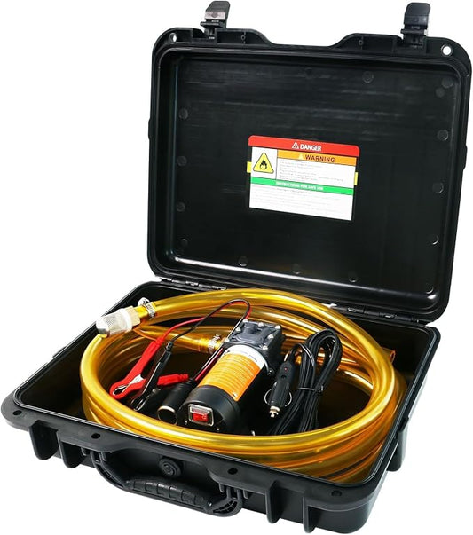 12V Fuel Transfer Pump Set,75W Gasoline Transfer Pump Moves 110 Gallons Of Gas Per Hour, with High Elastic Fuel Pipe & 2 Power Cables, Great for Vehicles, Boats, Equipment (110GPH-SET)