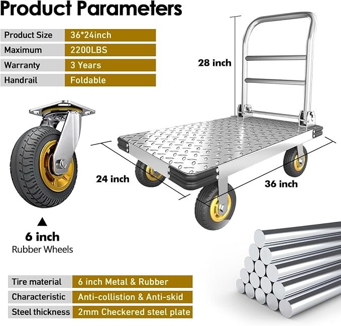 Push Cart Dolly Heavy-Duty Platform Truck Cart with Swivel Wheel 2200 LBS Capacity Foldable Flatbed Cart Large Steel Platform Dolly Cart for Groceries, Garage, Warehouse (36"X 24")