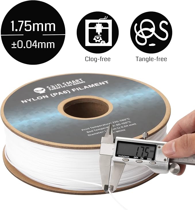 SainSmart PA6 Nylon Filament 1.75mm 3D Printer Filament, 1kg Cardboard Spool(2.2lbs), Dimensional Accuracy +/- 0.04 mm, Fit Most FDM Printer (White)