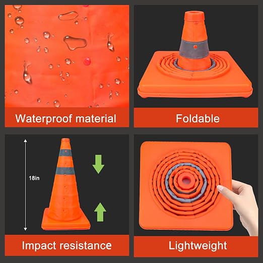 TENKAIWICK 18 Inch 10 Pack Traffic Cones, Collapsible Safety Cones, Multi Purpose Pop-up Cones with Reflective Collar, Orange Cones for Parking lot, Driveway, Driving Training etc