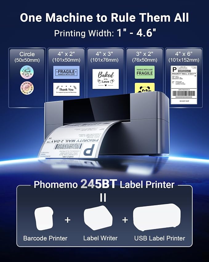 Bluetooth Shipping Label Printer 4x6, Wireless Desktop Thermal Label Printer for Small Business, Compatible with Android, macOS TIK Tok, Amazon, Shopify, Etsy, USPS