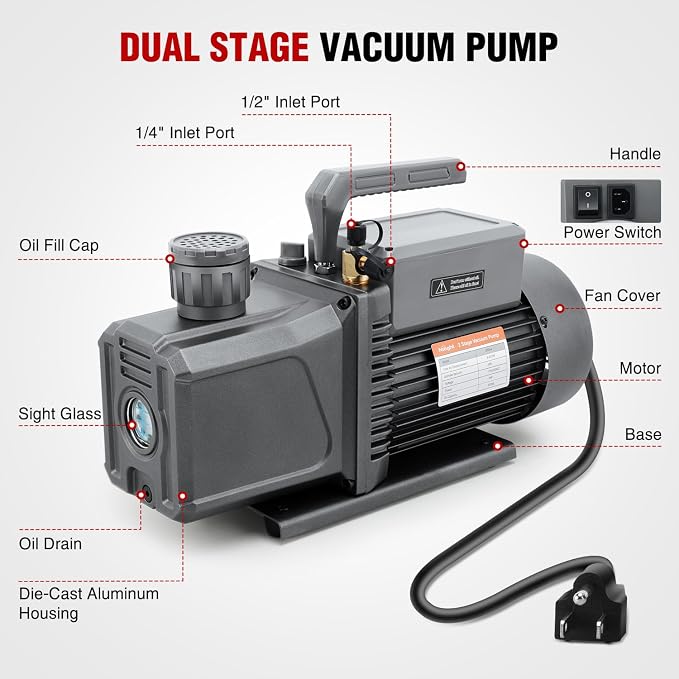 Nilight HVAC Vacuum Pump, 9.6 CFM 1 HP 110V 2 Stage AC Vacuum Pumps Kit for R22 R404a R134a R410a, 3x10⁻¹ Pa Ultimate Vacuum for Auto Air Conditioning Servicing Refrigerant Recharging, Oil Included