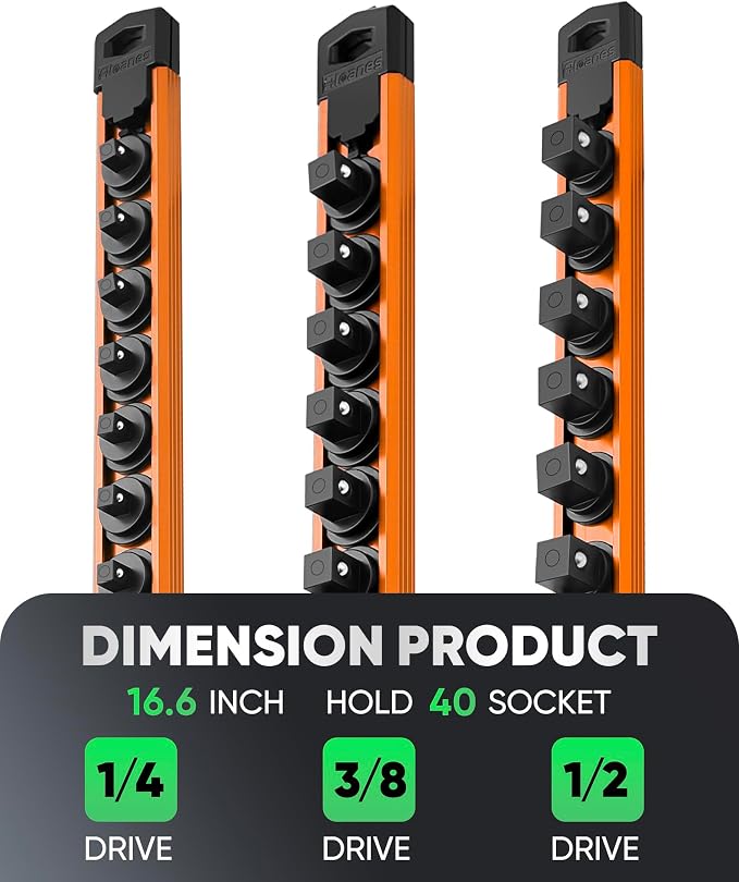 ALOANES Magnetic Socket Organizer Set, 3-Piece Heavy Duty Aluminum Socket Rails, 360° Swivel Clips Socket Rail Kit for Tool Tray Drawer Fit 1/2, 3/8, 1/4-Inch x 40 Clips (Orange, 3PC)