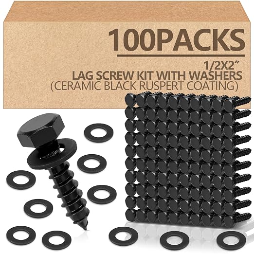 Tandefio 100 Pack 1/2''x 2'' Hex Head Lag Bolts for Wood Ceramic Black Lag Screw Kit with Washers Heavy Duty Hot Dip Galvanized Coating Double Layer for Decks Fences