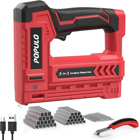 POPULO Electric Staple Gun 5 in 1 Band Nailer, 4V Rechargeable Cordless Stapler, Pin Nail Gun Battery Powered with 2,000 Staples and Nails, Power Wire Staple Gun for Home, Wood, Upholstery, DIY