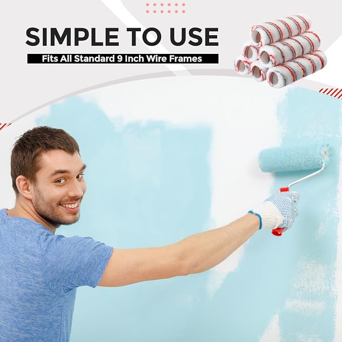 Leumoi 80 Pieces 9 Inch Paint Roller Covers 1/2 x 9 Inch Microfiber Paint Brush Roller Kit Naps House Painting Supplies for Wall House Home Repair Tools(Red Gray Stripe)