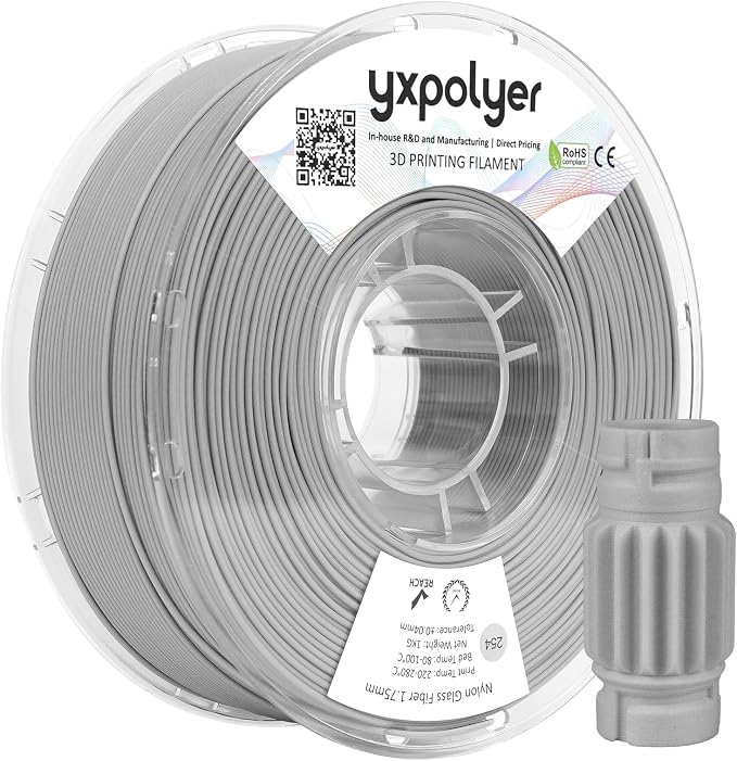Nylon Glass Filled Filament Grey Nylon Glass Fiber 1.75mm PA GF 3D Printer Filament PA6-GF 1kg with Reusable PC Spool