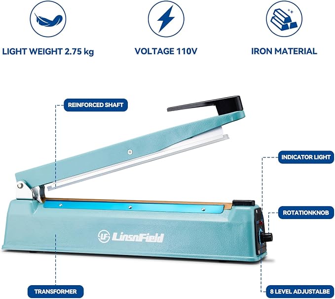 Commercial Bag Sealers 12 inch, 2mm Sealing Width Iron Impulse Sealer, Heavy Duty Manual Shrink Wrap Heat Sealer Machine with 1 Replacement Kits 2 Fuses, Blue