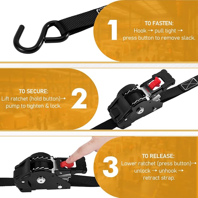LEVELEVE Retractable Ratchet Tie Down Straps (1" x 6FT, 4-Pack, Black) - Heavy Duty 1560LBS Break Strength Quick-Lock, Weather Resistant for Moving, Cargo, Trucks & Boats