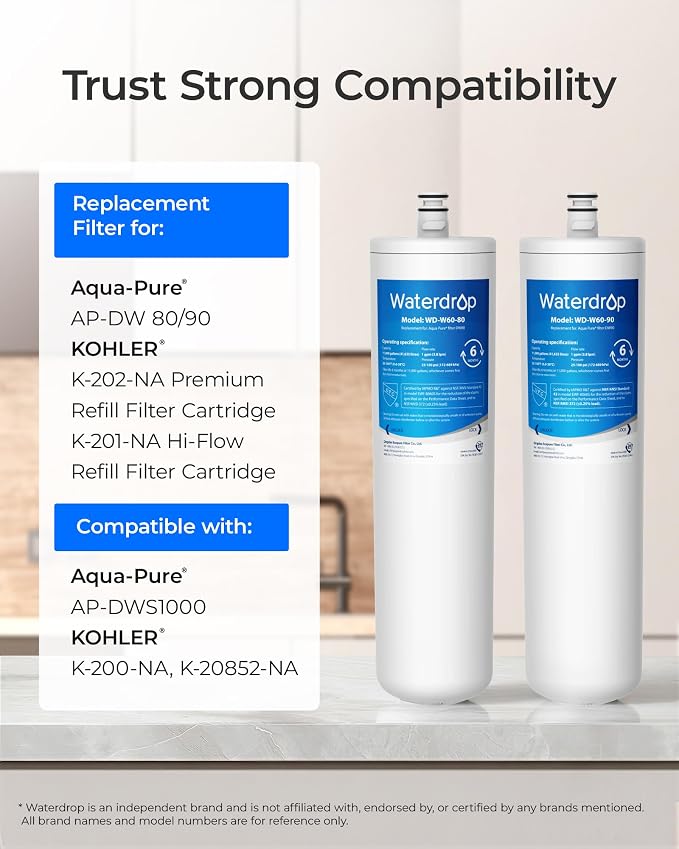 Waterdrop DW80/90 Under Sink Water Filter, Replacement for Aqua-Pure® AP-DW80/90, AP-DWS1000, Kohler® K-201-NA, Kohler® K-202-NA, NSF/ANSI 42&372, 2 Pack, Model No.WD-W60-80/90