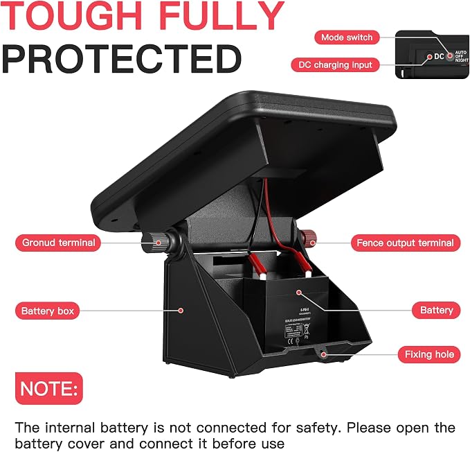 Solar Electric Fence Charger-0.3J-10 Miles, Maximum Output Voltage 10200V- Provide 24-Hour Uninterrupted Protection for Livestock and Yards with Rechargeable Solar Panel Black
