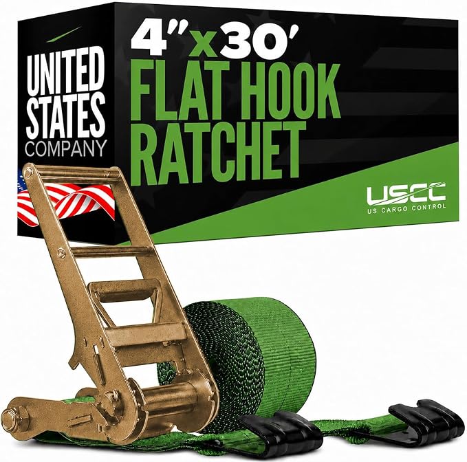 US Cargo Control Flat Hook Ratchet Strap 4” x 30’, 5,400 LBS Working Load Limit, Green 4 Inch Ratchet Strap with Black Flat Hook, Professional 4 Inch Strap for Flatbed Trailers