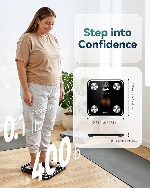 YUHUO Smart Scale for Body Weight, 4-Electrode BIA Body Composition Scale with High Precision, Large LED Display, Digital Bathroom Scale for BMI, Body Fat, Muscle Mass, 18 Metrics Sync APP, 400lb