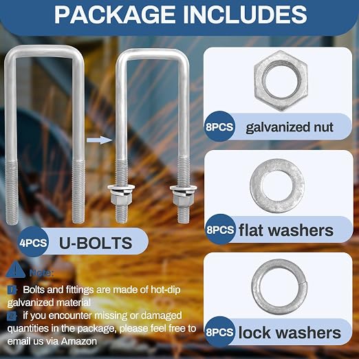 4 Pcs Hot Dipped Galvanized Square U-Bolts,2 inch Wide, (1/2" D x 2 1/16" W x 6 5/16" L) Boat Trailer U-Bolts with Washers and Nuts for Boat Trailer,Automobiles,Industrial,Heavy Duty U Bolt