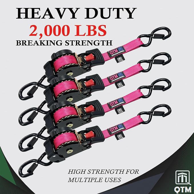 QTM 4-Pack Stainless Steel Spring Retractable Ratchet Straps Pink, 1" x10' with Soft Loops, Heavy Duty, 2,000lbs Breaking Strength, with Storage Bag, Best for Cargo, Truck, Bicycle, Motorcycle