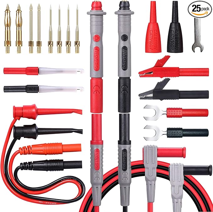 Bionso 25-Piece Multimeter Leads Kit, Professional and Upgraded Test Leads Set with Replaceable Gold-Plated Multimeter Probes, Alligator Clips, Test Hooks and Back Probe Pins.