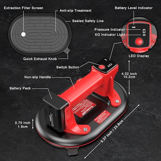 Electric Glass Suction Cup - 10" Heavy Duty Window Suction Cup Max Load 662lbs with 2 x 3.0Ah Batteries & Charger & Digital Display & 4 Layer Leakproof for Glass Tile Granite Windshields