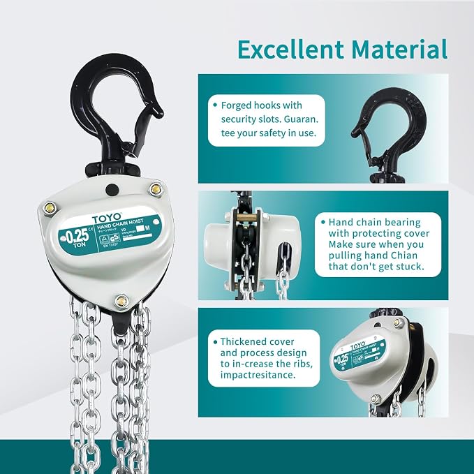 TOYO 550lbs Chain Hoist 1/4 Ton - Mini Hand Hoist with 10FT Chain, for Garages, Warehouse, Automotive - Heavy Duty Pulley Hoist with 2 Heavy Duty Hooks (550Lb 10Ft)