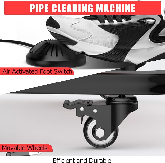 50FT 1/2 Inch Drain Cleaning Machine, Portable Electric Drain Auger with 6 Cutter & Air-Activated Foot Switch, Sewer Snake Drain Cleaner for 1" to 4" Pipes, Red