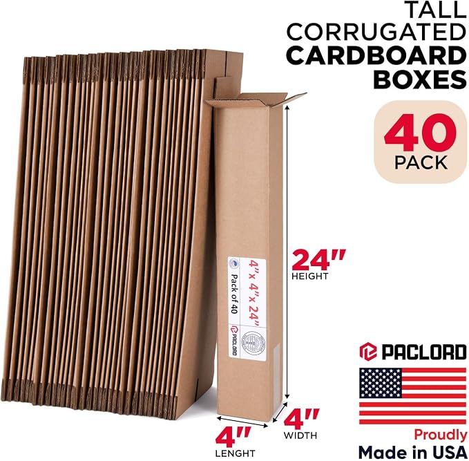 Tall Cardboard Boxes 4"L x 4"W x 24"H (Pack of 40) - USA-Made Packing Boxes for Moving, Shipping, or Storage - USPS, UPS, FedEx Approved - Professional Packing Supplies for Moving | USA-Made Packing Boxes for Moving, Shipping, or Storage - USPS, UPS, F...