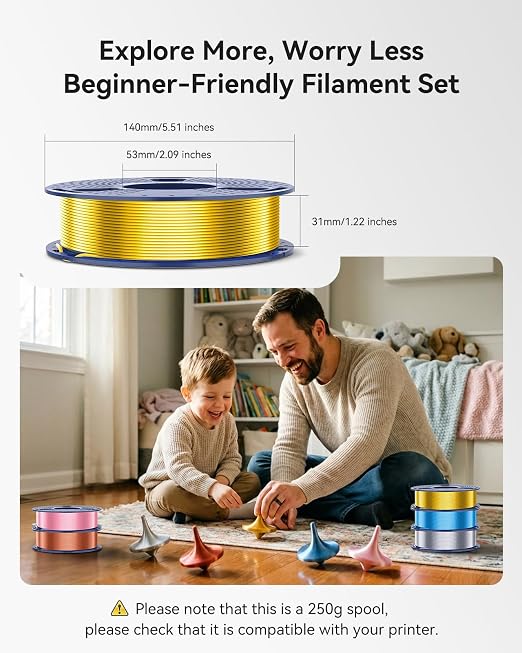 250g Silk PLA+ Filament 1.75mm Bundle, SUNLU 3D Printer Filament Glossy, Smooth Silky Surface, 250g Spool, 8 Rolls, Gold+Silver+Red+Bronze+Copper+Blue+Pink+Orange