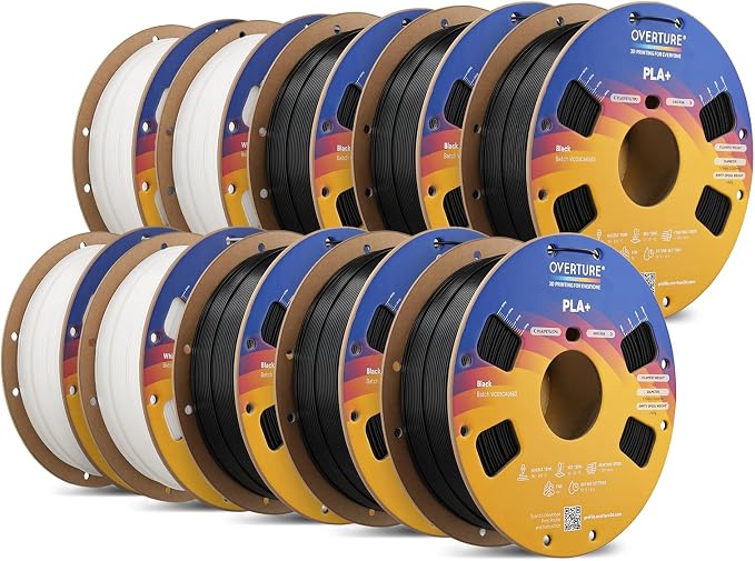 OVERTURE 10KG Bundle High Speed PLA+ 3D Printer Filament 1.75mm, Upgraded Rapid PLA 2.0 with Enhanced Toughness & Stability, 10 Pack 1kg Spool (2.2lbs) Fit Most FDM 3D Printers (Black*6+White *4)