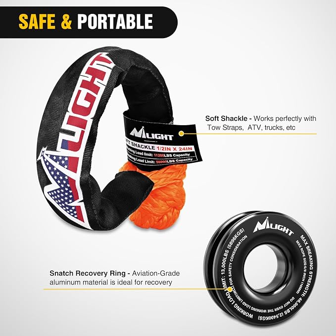 Nilight Synthetic Soft Shackle & Recovery Ring Kit 1/2inch x 24inch Soft Shackle (56,000 LBS Breaking Strength) with Snatch Ring (46,000 LBS MBS) for 4x4 Truck SUV ATV Off Road, 2 Years Warranty