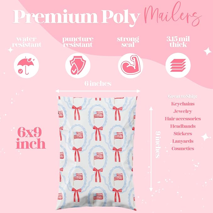 Pretty Package Store 6x9 Designer Poly Mailer 100 Pack Heavy Duty Waterproof Self Seal Shipping Bags for Small Business Large Mailing Envelopes Bulk Tear Resistant Packaging American Flag