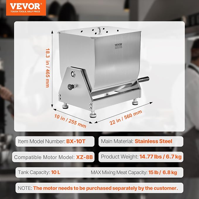 VEVOR Manual Meat Mixer, 10L Tilt Tank – Heavy Duty Stainless Steel Hand Mixer for Ground Beef & Sausage, Max 15lb Mixing Meat Capacity, with Gear Box and Lid Handle