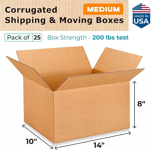 Medium Moving & Shipping Boxes 14"L x 10"W x 8"H (25-Pack) - Extra Strength 200 lb vs Regular - USA-Made Corrugated Heavy Duty Shipping Boxes - Durable Box for Shipping - Box to Pack by IDL Packaging