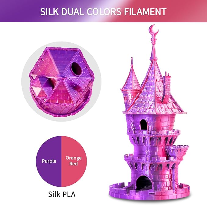 ERYONE Silk Dual Color PLA Filament 3D Printer 1.75mm +/- 0.03mm, Bicolor Filament Two Tone PLA 1KG(2.2lbs) Cardboard Spool, Orange Red&Purple
