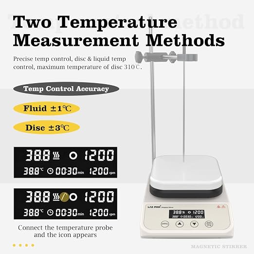 LAB FISH HS6PRO Magnetic Stirrer Hot Plate,310℃/590℉ Timer | 5.2 inch square ceramic hot plate, 3L, digital control with timer, 50-1500RPM, ext probe, stand & stir bar