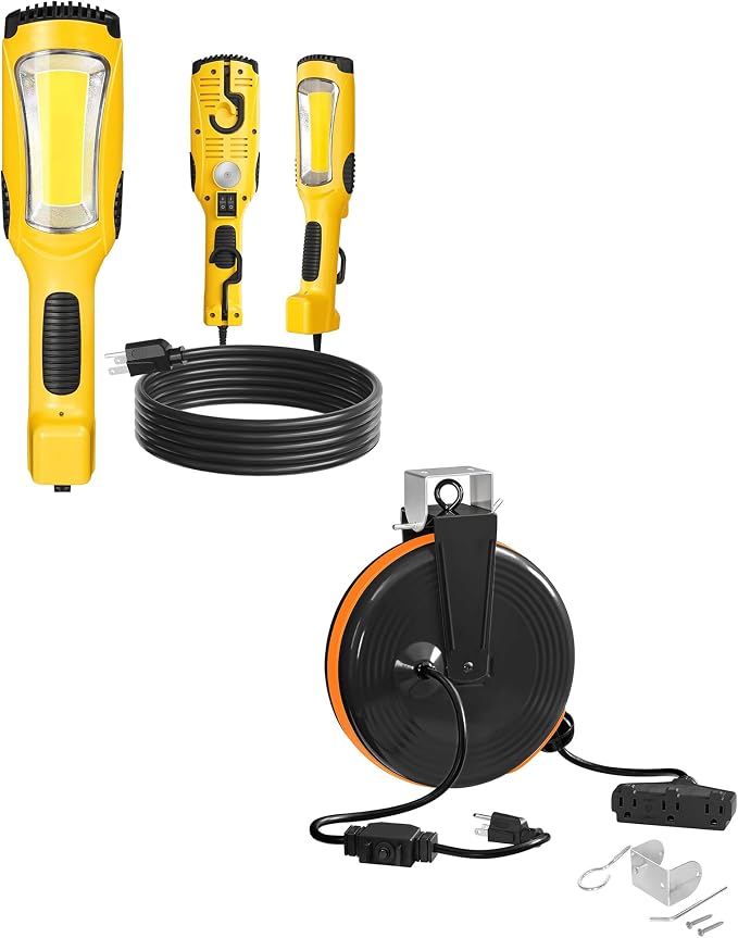 24W LED Work Light and 30 Ft Retractable Extension Cord Reel Bundle, for Garage, Workshop, Car Repair Scene Y05WL06-B30ACR06
