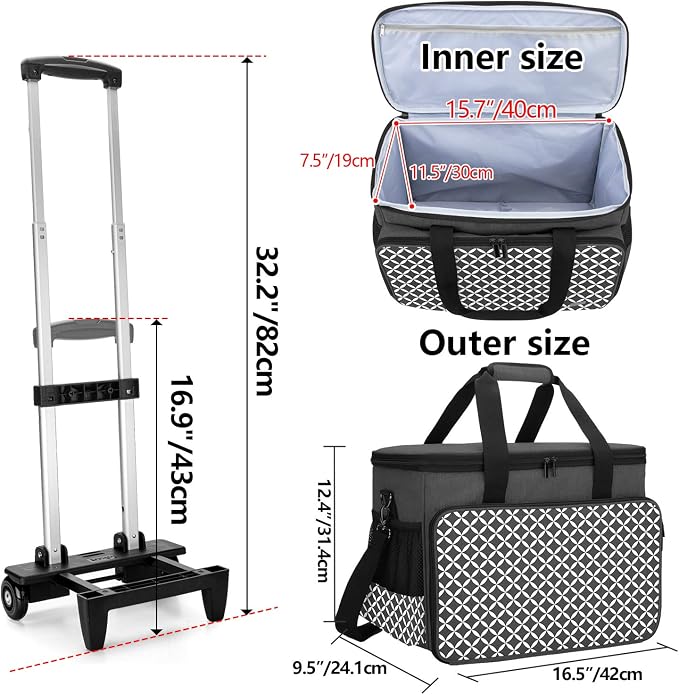 Yarwo Upgraded Rolling Sewing Machine Carrying Case, Detachable Trolley Tote Bag with Removable Bottom Board and Thickened Trailer Leg for Most Standard Sewing Machine and Accessories, Black with Grid