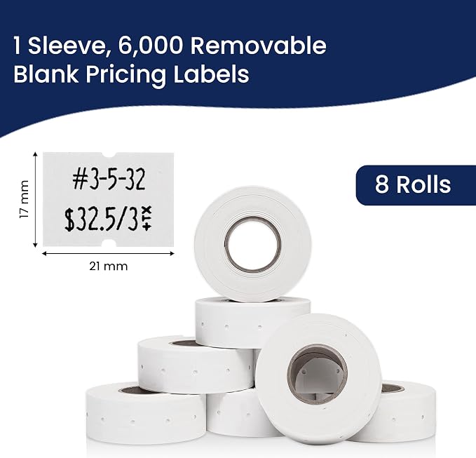 Perco 2 Line Removable Adhesive Labels - 6,000 Blank Price and Date Gun Labels for Perco 2 Line Price and Date Guns - 8 Rolls, 1 Sleeve - Made in USA