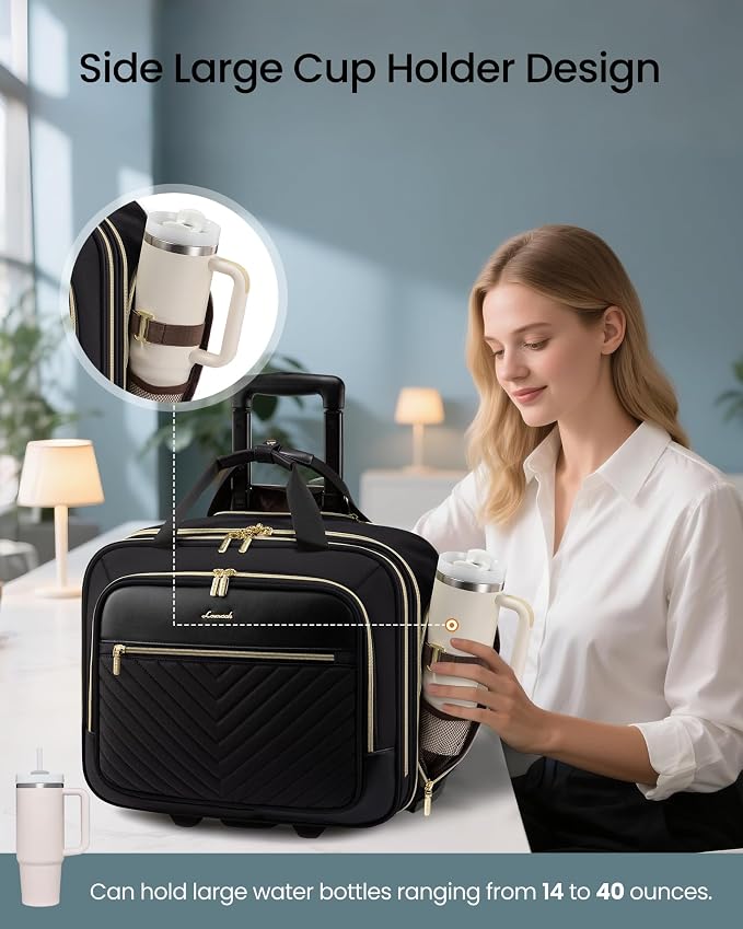 LOVEVOOK Rolling Laptop Bag Women, 17.3 Inch Laptop Briefcase with Wheels for Work Travel Business, Underseat Carry On Luggage Case,Black