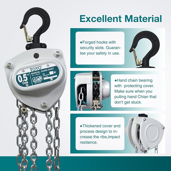 TOYO Chain Hoist 1100Lb,10ft Manual Chain Block Hoist 0.5ton Chain Fall 3M Come Along Hand Chain Hoist 2 Heavy Duty Hooks Industrial Grade Steel for Warehouse Automotive Construction Building