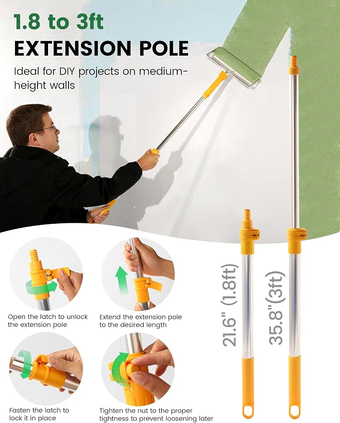 Voomey 12-Inch Paint Roller Kit with Extension Pole, 12” Paint Tray with Liners, Heavy Duty Roller Frame & Long Paint Rollers, Ideal for Walls, Interior & Exterior Painting
