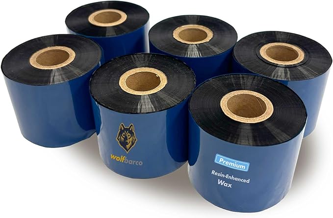 Wolfbarco 6 Rolls 2.52" x 1476' (64mm x 450m) Resin-Enhanced Wax Thermal Transfer Ribbon Black 1" Core Coated Side Out (CSO) for Zebra, 105, 110 Printers