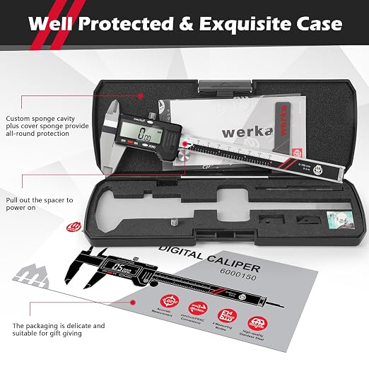 werka Digital Caliper, 0-6” Calipers Measuring Tool, Auto-Off Micrometer Caliper with 0.001”High-Accuracy,Inch/Fraction/Millimeter Conversions Button,4 Measuring Ways, Stainless Steel Construction