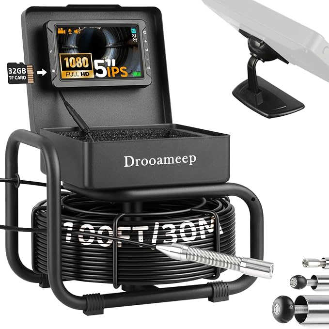 Sewer Camera, Sewer Inspection Camera, 5" IPS HD Drain Camera with 8 Lights, IP68, 32GB, DVR, FOV145°, Microphone & Speaker, for Pipe, Home Duct, Plumbing - 66FT (30M/100FT)