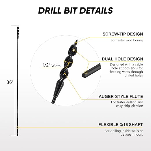 HUAALIUCHE 36" Flexible Installer Drill Bit for Pulling Wires in Walls, Ceilings, and Sidewalks, 1/2" Auger with Screw Point & Fish Eye, 3/16" 3-Flat Shank for Wood & Conduits, with Storage Tube