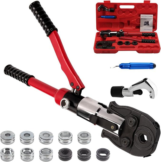 Pipe Press Tool,Hydraulic Crimping Tool with 1/2", 3/4", 1" Dies for Copper Pipe and F877 Stainless PEX Press Sleeves, 3/8",1/2",5/8",3/4",1" Dies for ASTM F1807 Pex Pipe Copper Ring