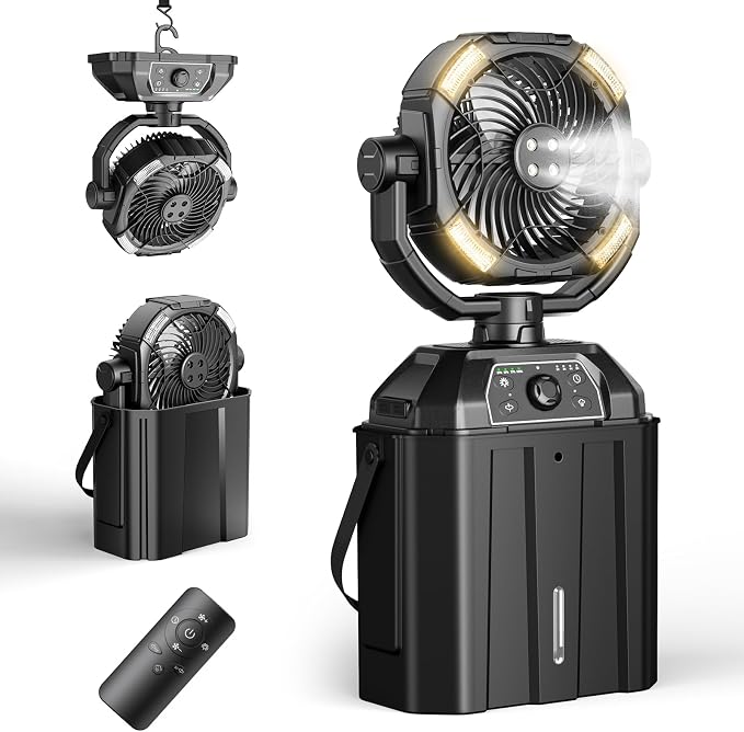 Portable Misting Fan Rechargeable for Hot Weather - 9-inch Auto Swivel Camping Fan with 25000mAh USB Battery as Power Bank, Outdoor fan with 4 Mist Cooler, 7L Bucket for Patio,Yard,Beach,Golf (Black)