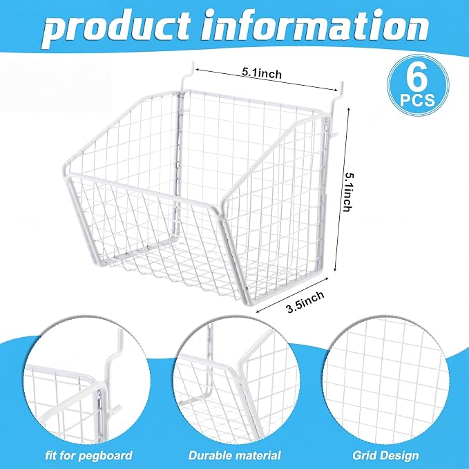 Reallnaive 6 Pack White Pegboard Baskets Metal Wire Shelf Baskets 5.1 x 5.1 x 3.5 in Peg Board Organizer Accessories Wall Mount Organizer Bins for Tool Storage Craft Room Garage Small Parts Workbench