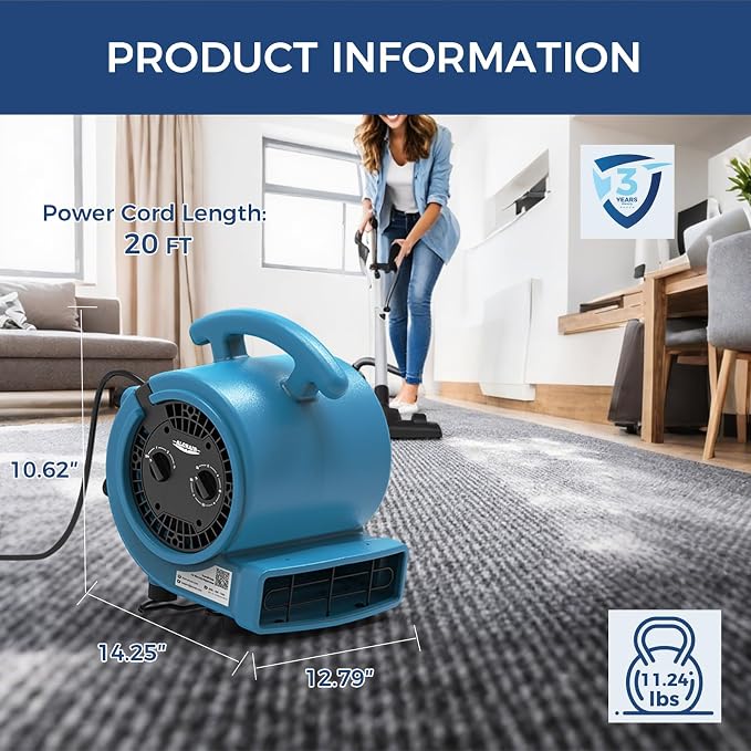 ALORAIR 1000 CFM Air Mover Blower Fan for Drying, Ventilating, Exhausting, Cooling, Utility Timer Fan with 3 Speeds, 5 Adjustable Angles, 20ft Long Cord for Home, Industrial, Commercial Use - GE1000T